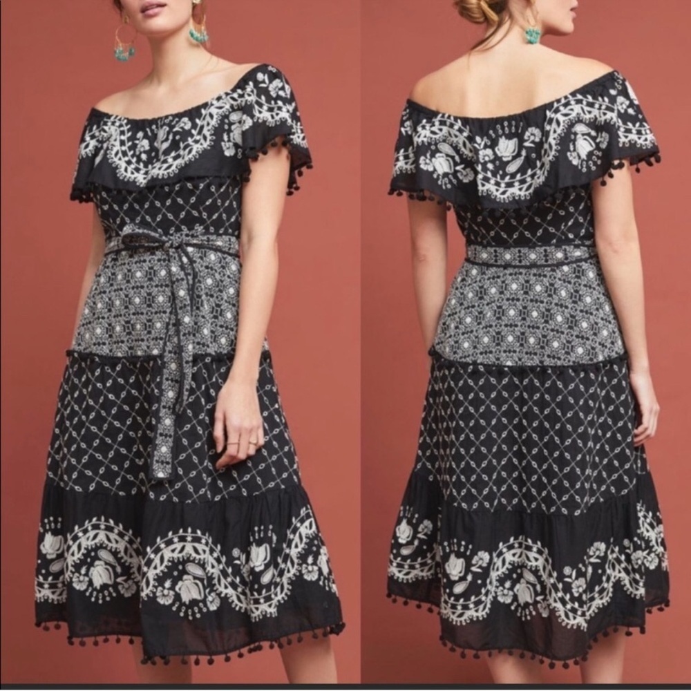 By Anthropologie Embroidered Pommed Midi Dress Off The Shoulder Belted Sz 2